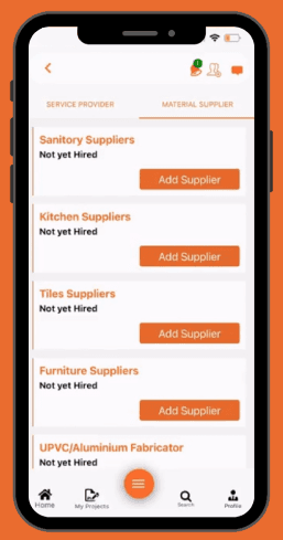 Building a team of service providers and material suppliers in the ConstructOye app